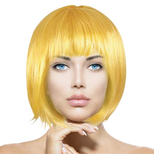 Plitsch Platsch Perücke Bob Pagenkopf Cabaret Wig Kurzhaar Charleston Perücken Fasching Karneval Halloween Motto Party - 24 Farben Varianten für Erwachsene, One Size (gelb) von Plitsch Platsch