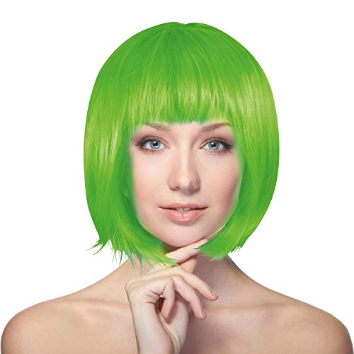 Plitsch Platsch Perücke Bob Pagenkopf Cabaret Wig Kurzhaar Charleston Perücken Fasching Karneval Halloween Motto Party - 24 Farben Varianten für Erwachsene, One Size (neongrün) von Plitsch Platsch