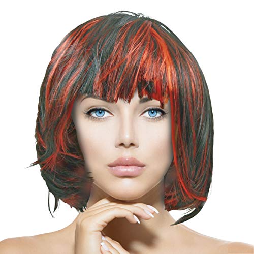 Plitsch Platsch Perücke Bob Pagenkopf Cabaret Wig Kurzhaar Charleston Perücken Fasching Karneval Halloween Motto Party - 24 Farben Varianten für Erwachsene, One Size (schwarz-rot) von Plitsch Platsch