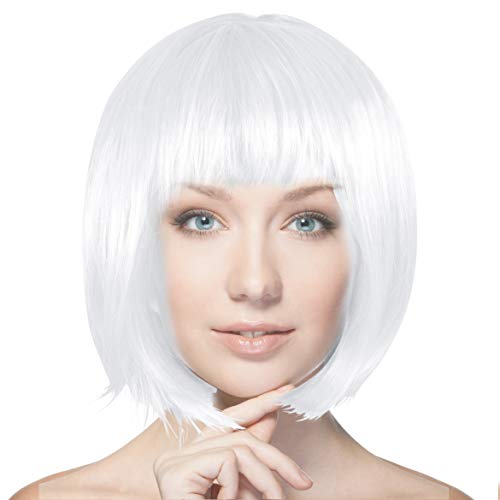 Plitsch Platsch Perücke Bob Pagenkopf Cabaret Wig Kurzhaar Charleston Perücken Fasching Karneval Halloween Motto Party - 24 Farben Varianten für Erwachsene, One Size (weiß) von Plitsch Platsch