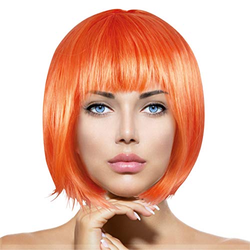 Plitsch Platsch Perücke Bob Pagenkopf Cabaret Wig Kurzhaar Charleston Perücken Fasching Karneval Halloween Motto Party - 24 Farben Varianten für Erwachsene, One Size (orange) von Plitsch Platsch