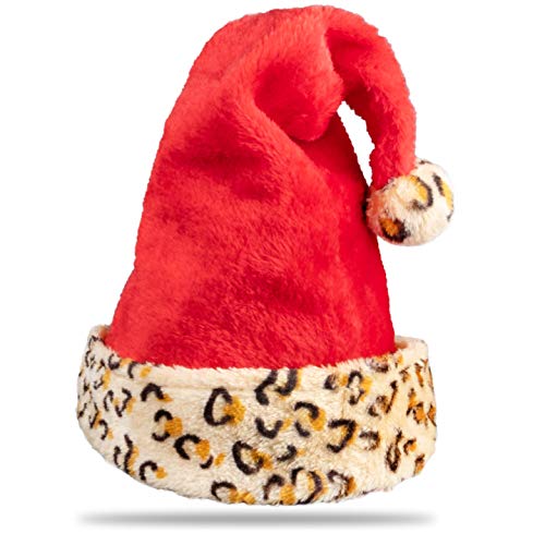 Weihnachtsmütze Plüsch Nikolausmütze X-Mas Mütze Santa Weihnachten Nikolaus rot für Erwachsene Einheitsgröße Weihnachtsfeier Weihnachtsmarkt (rot mit Leoparden Borde) von Plitsch Platsch