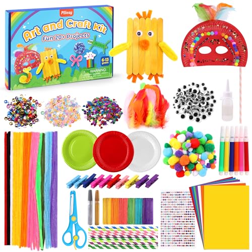 Pllieay Bastelset Kinder, 2000+PCS DIY Basteln Bastelkoffer, Bastelzubehör Bastelmaterial, Pfeifenreiniger, Pompons, Federn, Wackelaugen, Pailletten Bastelbedarf Basteln für Kleinkinder von Pllieay