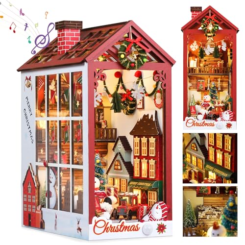 Pllieay Weihnachten Book Nook Kit mit Spieluhr und LED Lampe,Booknook Miniatur Haus Modellbausatz,DIY Miniatur Puppenhaus 3D Holzpuzzle Bibliothek Bücherregaleinsatz Kits Diorama Modelbau für ab 14+ von Pllieay