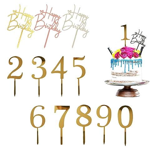 Plstod Tortendeko Geburtstag 14 Stück Happy Birthday Cake Topper Nummer 0-9 Tortendeko Gold Cake Topper Acryl Happy Birthday Tortendeko für Babyparty Geburtstagsfeiern Hochzeitsparty von Plstod