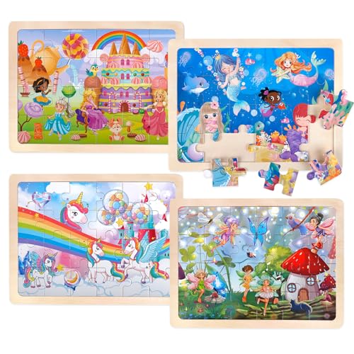 Einhorn Meerjungfrau Prinzessin Fee Puzzle ab 3 4 5 Jahre, 4 Puzzle x 24 Stück Kinder Mädchen Holzpuzzle, Vorschule Lehrreiches Spielzeug,Montessori Puzzle Geschenke für Kinder für Jungen und Mädchen von Plunack