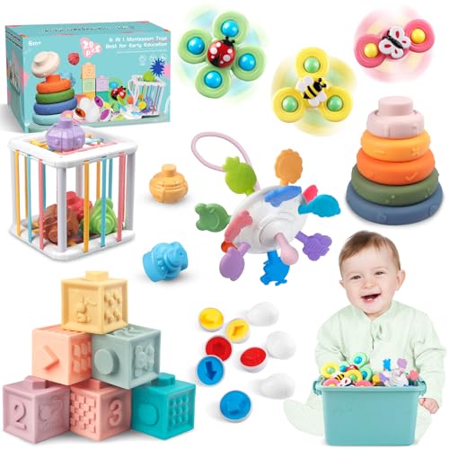 Plunack Montessori Baby Spielzeug 6 Monate-3 Jahren,6 in 1 Motorikspielzeug,Sensorisches Spielzeug,Blöcken Stapelturm,Saugnapf Spielzeug,Passende Eier,Geburtstag Geschenk für Baby 1 2 3 Jahr von Plunack