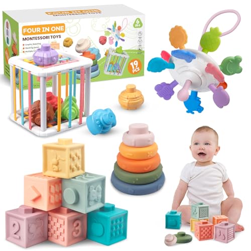 Plunack Baby Spielzeug, Montessori Spielzeug Baby, 4 in1 Motorikspielzeug, Stapelspiel Bausteine, Sensorisches Spielzeug, Geschenk für Baby 1 2 3 Jahr von Plunack