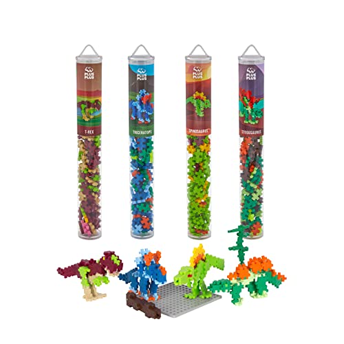 Plus-Plus 7266 Geniales Konstruktionsspielzeug, Dinosaurier-Mix, Bundle aus 4 verschiedenen Kreativ-Bausteine Tubes inkl. Bauplatte, 400 Teile, Mischfarben von Plus-Plus