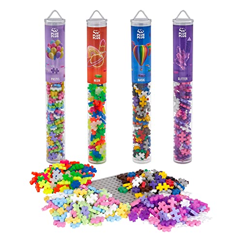 Plus-Plus 7265 Geniales Konstruktionsspielzeug, Farben-Mix, Bundle aus 4 verschiedenen Kreativ-Bausteine Tubes inkl. Bauplatte, 400 Teile, Mischfarben von Plus-Plus