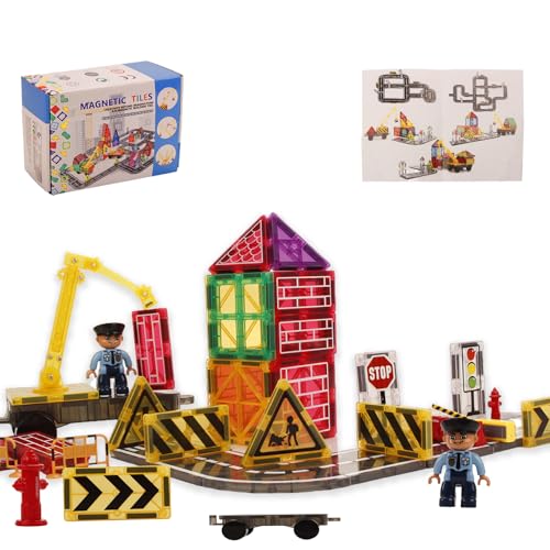 PlusBee magnetische Fliesen Straße Bausteine Set, Magnet Kran Auto Bau Spielzeug für Kinder, MINT Montessori Lernen, Vorschule pädagogisches Spielzeug für 3+ Jahre alte Jungen Mädchen, großes Geschenk von PlusBee