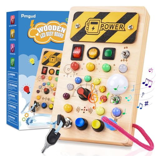 Pmgud Montessori Busy Board Activity Board ab 1 Jahr Montessori Holzspielzeug mit 8 Schalter 15 LED Leuchten 6 Musik Sensorisches Lernspielzeug für Babys und Kleinkinder ab 1 Jahre von Pmgud