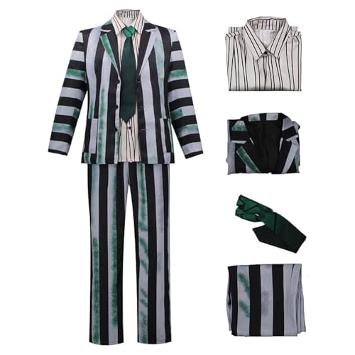 4 Stück Beetlejuice-Kostüm Für Herren, Gestreifter Beetlejuices-Anzug, Halloween-Kostüme Für Herren, Halloween-Filmkostüme, Gruseliges Geister-Outfit Für Halloween-Party, Karneval, Cosplay-Outfit von Poartiule