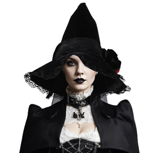 Poartiule Halloween Frauen Hexenhut,Großer geraffter Hexenhut | Gothic Flower Black Witch Zaubererhut - Mesh Hexenhut Zauberer Cosplay Erwachsene Halloween Kostüme Zubehör Dekoration von Poartiule