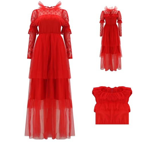 Lydia Deetz Kostüm, rotes Hochzeitskleid, 80er-Jahre-Stil, Tüllkleid für Damen, tote Braut, Halloween, Gothic-Kostüme, Rot-lang, Large von Poboola