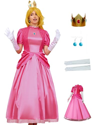 Poboola Prinzessin Pfirsich Kostüm Erwachsene Puffärmel Kleid Krone Fee Outfit Halloween Weihnachten Karneval Party Cosplay 2XL von Poboola