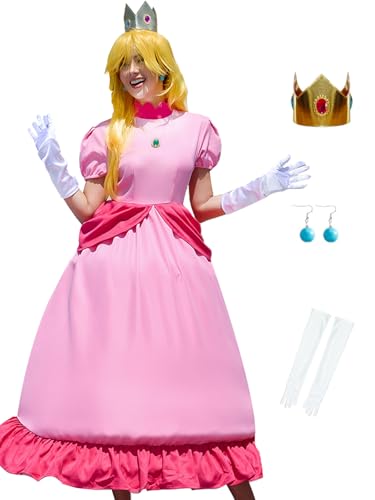 Poboola Prinzessin Pfirsich Kostüm Super Brüder Cosplay für Frauen Halloween Verkleidung Erwachsene Kostüme M von Poboola