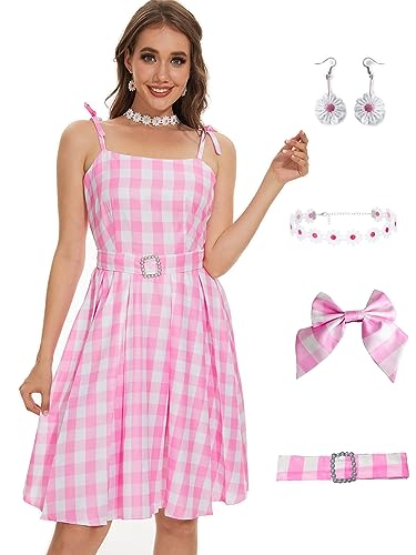 Poboola Rosa Gingham Kleid Plaid Erwachsene Kostüme für Frauen Cosplay Outfit Halloween Party 2023 Film mit Zubehör S von Poboola