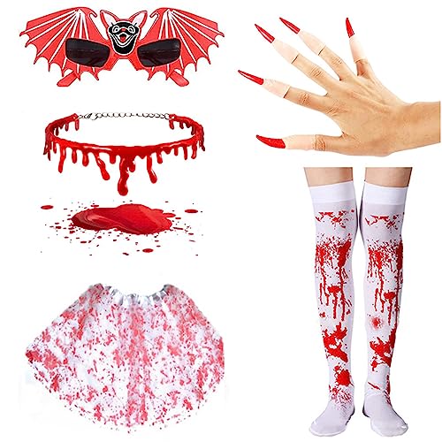 Fledermaus Cosplay Kostüme Set Halloween Party Vampir Kostüm Zubehör Tropfen Blut Choker Kralle Blutstrümpfe Brille von Pocoiau