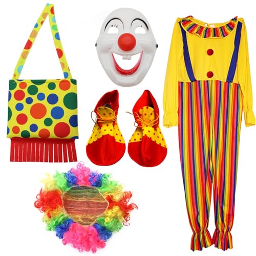 Pocoiau Clown Kostüm Erwachsene Set Clown Kleidung Clown Bag Clown Perücken Clown Maske Clownschuhe Zirkusse Requisiten Für Karnivale Cosplay von Pocoiau