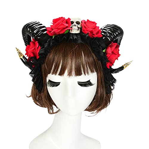 Pocoiau Halloween-Haarreifen Ochsenhorn Stirnband Gothic Blume Schädel Kopfschmuck Rose Horn Stirnbänder Cosplay Haarschmuck von Pocoiau