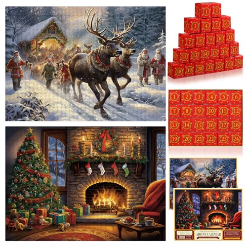 Poen 2 Pcs Advent Calendar 2023 Christmas Jigsaw Puzzles 24 Days 1008 Pieces Puzzles Countdown to Christmas Holiday Advent Calendar Puzzle Gifts for Adult Party Xmas Home Decor, 27.5 x 19.7 Inches von Poen