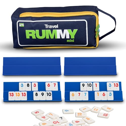 Point Games Punktespiele: Mini Travel Rommé-Spielset mit 106 Spielsteinen und Vier exklusiven 2-Tier-Spielgestellen in Einer extrem haltbaren Reisetasche, White & Blue von Point Games