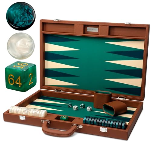 Pointworks 48.3 cm Premium Backgammon Sets für Erwachsene Leder Braun - Grün Premium 1.6 Zoll Checkers & Dice Set Travel Backgammon Set Groß Backgammon Brettspiel Backgammon Spiel Set von Pointworks