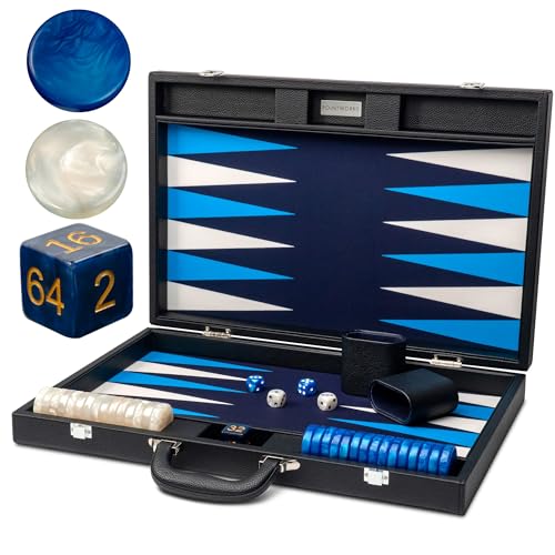 Pointworks 48.3 cm Premium Backgammon Sets für Erwachsene Leder Schwarz - Blau Premium 1.6 Zoll Checkers & Dice Set Travel Backgammon Set Groß Backgammon Brettspiel Backgammon Spiel Set von Pointworks