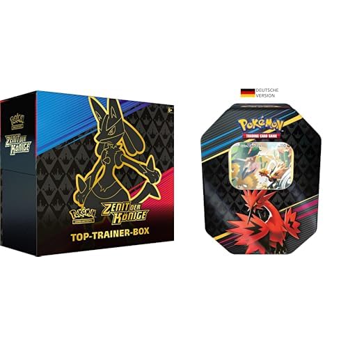 PoKéMoN-Sammelkartenspiel Top-Trainer-Box Zenit der Könige (Boosterpacks & Premium-Zubehör) & Sammelkartenspiel: Tin-Box Zenit der Könige – Galar-Zapdos (1 holografische Karte & 4 Boosterpacks) von Pokémon