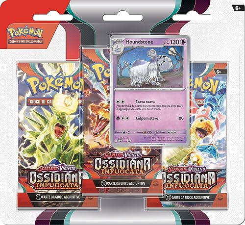 Pokémon Packung mit DREI Umschlägen (Houndstone) der Erweiterung Scarlet und Violetto - Brennendes Obsidian des GCC Pokémon (DREI Erweiterungspackungen und eine holografische Karte), italienische von Pokémon