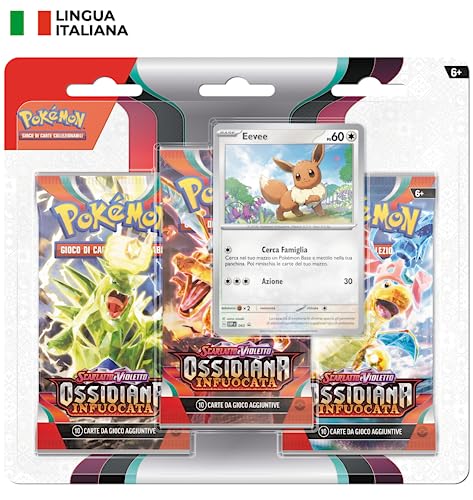 Pokémon 186-60404 Packung Umschlägen (Eevee) der Erweiterung Scharlachrot und Violett-Brennender Obsidian TCG (DREI Erweiterungspackungen und eine holografische Promokarte), italienische Ausgabe von Pokémon