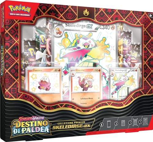 Pokémon 290-60459 Premium-Kollektion Skeledirge-ex aus der Erweiterung Scharlachrot und Violett Schicksal von Paldea (3 holografische Promokarten, 1 Riesenkarte und 8 Booster-Packs) von Pokémon