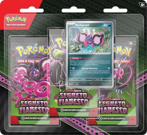 Pokémon 290-60585 Packung Booster-Packs mit Pecharunt der Erweiterung Scharlachrot und Violett-Märchengeheimnis TCG (DREI Umschläge und eine holografische Promokarte), italienische Ausgabe von Pokémon