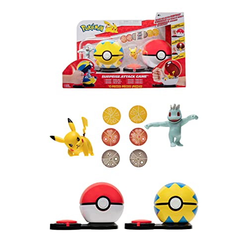 Pokémon Bandai Poké Ball Überraschungsangriff – Kampfspiel – 2 Pokébälle mit ihren und 6 Angriffsscheiben – Pikachu und Machoc – JW2721 von Pokémon