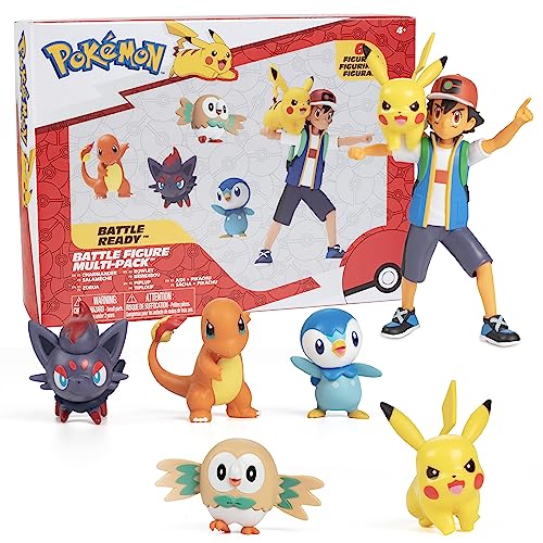 Pokémon Battle Ready! Figuren-Set 6 Stück - 11,4 cm Ash & Launching Pikachu, 5,1 cm Charmander, Rowlet, Piplup, Zorua - Offiziell lizenziert - Osterkorb Stuffer Geschenk für Kinder Jungen Mädchen von Pokémon