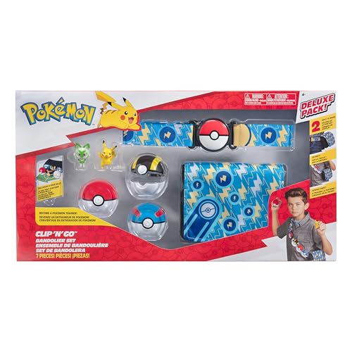 Pokemon Clip N Go Bandolier Promo Set - 5cm Kampf Figur Pikachu & Sprigatito - 3 Pokéballs, Gürtel, Tasche - Spielzeugset für Kinder 4+ - Offizielle Pokémon Produkt for Kinderspielzeug von Pokémon