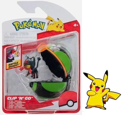 Pokemon Clip n Go Battle Feature Figuren Set Multipack Action Ready Pack plus Bonus Sticker (Litten with Dusk Ball) von Pokémon