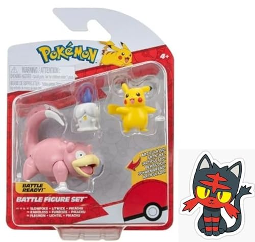 Pokemon Clip n Go Battle Feature Figuren Set Multipack Action Ready Pack plus Bonus Sticker (Slowpoke Litwick und Pikachu) von Pokémon