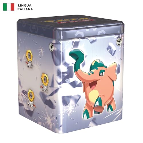 Pokémon Stapelbare Sammelbox vom Typ Metall des TCG (DREI Erweiterungspackungen und Zwei Bögen mit Aufklebern), italienische Ausgabe von Pokémon