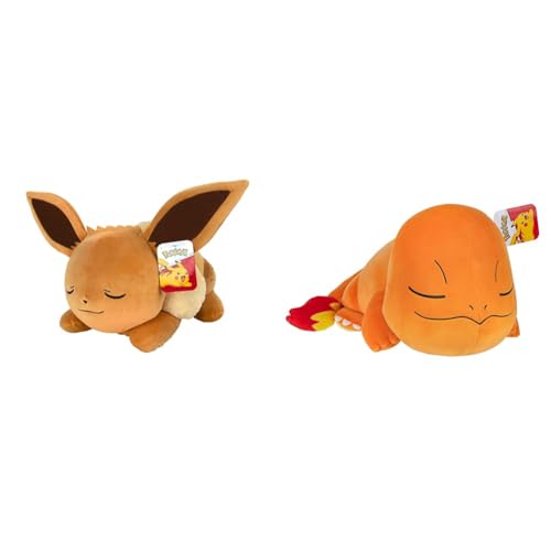 Pokémon PKW0222-45cm Schlafendes Plüsch - Evoli, offizielles Plüsch & PKW3883-45cm Schlafendes Plüsch - Glumanda, offizielles Plüsch von Pokémon