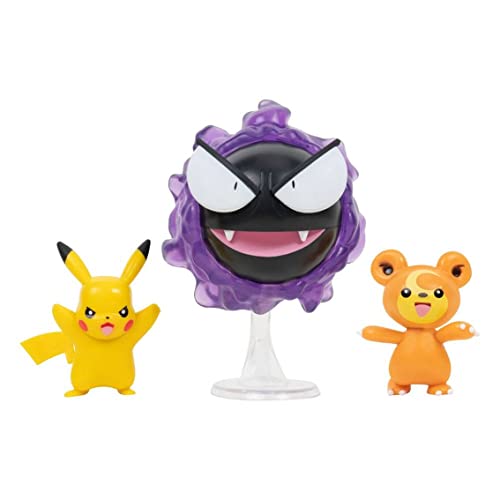 Pokémon PKW2347 - Battle Figure Set - Teddiursa, Pikachu, Nebulak, offizielle bewegliche Figuren, 5 cm Teddiursa und Pikachu, 7,5 cm Nebulak von Pokémon