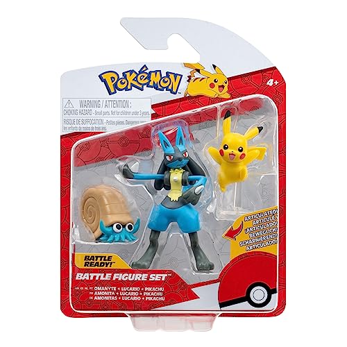 Pokémon PKW3054 - Battle Figure Set - Pikachu, Amonitas, Lucario, offizielles Figuren Set von Pokémon