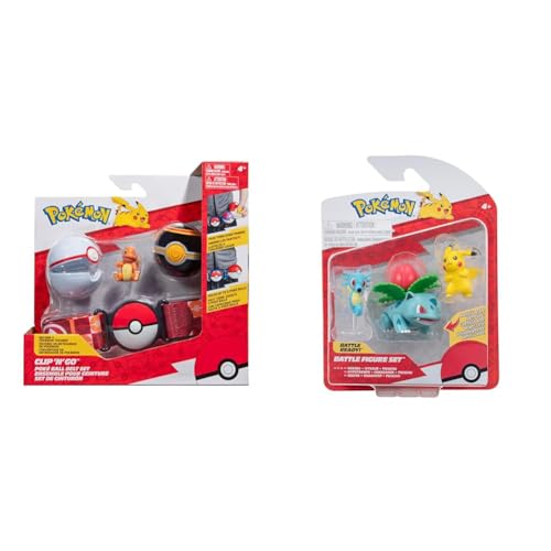 Pokémon PKW3163 Spielzeug, Gürtel Set Glumanda & PKW3049 - Battle Figure Set - Pikachu, Seeper, Bisaknosp, offizielles Figuren Set von Pokémon