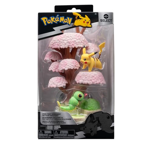 Pokémon PKW3207-15cm Select Set - Blütenbaum mit Pikachu und Raupi, offizielles Figurenset von Pokémon