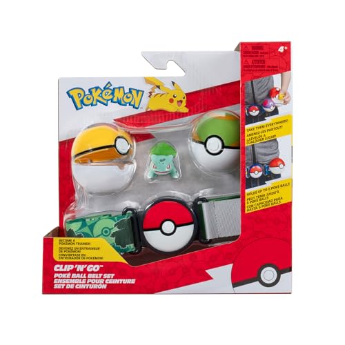 Pokémon PKW3646, Clip and Go Pokéball Gürtel Set, Nestball, Levelball & Bisasam, offizielles Set mit Figur von Pokémon