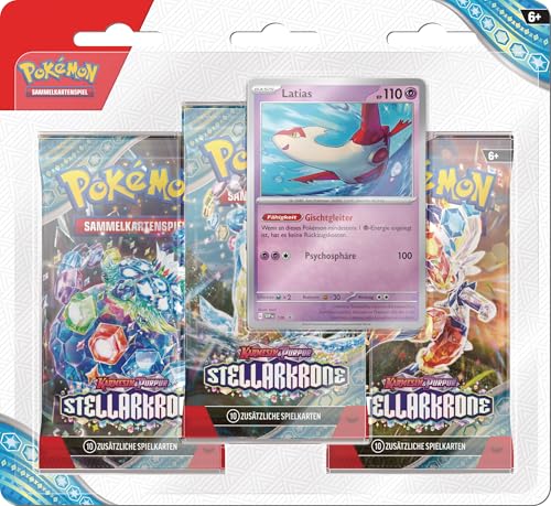 Pokémon-Sammelkartenspiel: 3er-Pack-Blister Karmesin & Purpur – Stellarkrone: Latias (3 Boosterpacks & 1 holografische Promokarte) von Pokémon