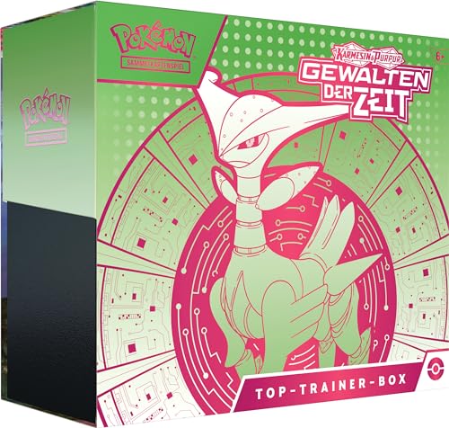 Pokémon Sammelkartenspiel Top-Trainer-Box Karmesin & Purpur – Gewalten der Zeit: Eisenblatt (1 holografische Vollbild-Promokarte mit Eisendorn, 9 Boosterpacks & Premium-Zubehör) von Pokémon