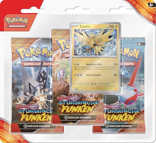 Pokémon 3er-Pack-Blister Karmesin & Purpur – Stürmische Funken: Zapdos von Pokémon