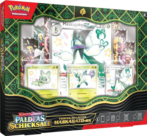 Pokémon -Sammelkartenspiel: Karmesin & Purpur - Paldeas Schicksale: Premium-Kollektion Maskagato-ex (3 geprägte holografische Promokarten, 1 überdimensionale Promokarte & 8 Boosterpacks) von Pokémon